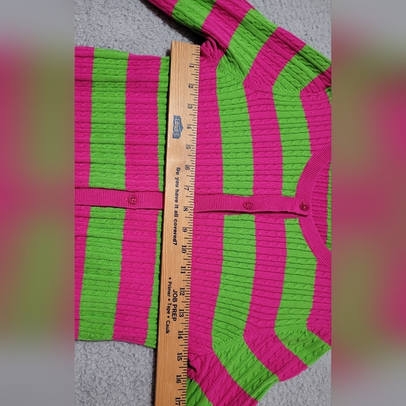 Talbots Petites Pink and Green Button up Long Sleeve Cotton Striped Sweater LP - Picture 6 of 7